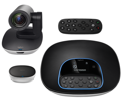 Веб-камера Logitech ConferenceCam Group, Black, в комплекті: камера, пульт дистанційного керування, пристрій гучного зв'язку, мікрофони, два кабелі 5 м, кабель 2 м, концентратор з живленням, кріплення (960-001057) 201706 фото