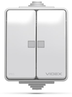 Вимикач подвійний Videx Binera, Grey, зовнішній, з підсвічуванням, 90.4x64x54.2 мм, IP65 (VF-BNW12L-G) 277486 фото