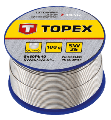 Припій Topex 44E524, діаметр 1.5 мм, склад: Sn 60%, Pb 40%, 100 гр 184742 фото