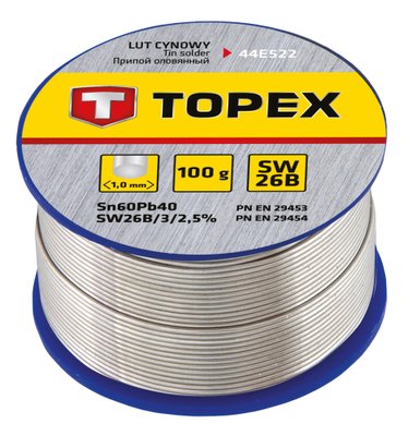 Припій Topex 44E522, діаметр 1 мм, склад Sn 60%, Pb 40%, 100 гр 184744 фото