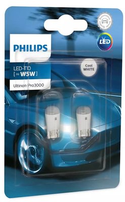 Автолампи Philips Ultinon Pro3000 LED W5W, габаритний ліхтар, підсвічування номерного знака, бардачок, панель приладів, салон, 0.6W, 4000K, 50Lm, 2 шт (11961U30CWB2) 281202 фото