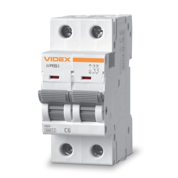 Автоматичний вимикач Videx RS6 'RESIST', White, 6A, 6000A, 400V, 2 полюси, крива відключення 'C', модульний (Din-рейка), переріз кабелю 6 мм², IP20 (VF-RS6-AV2C06) 272972 фото