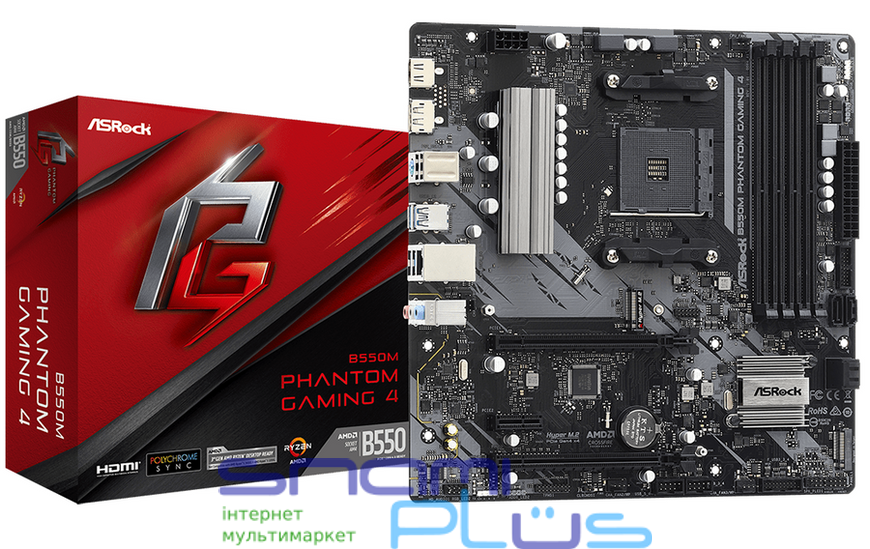 Мат.плата AM4 (B550) ASRock B550M Phantom Gaming 4, B550, 4xDDR4, CrossFireX, Int.Video(CPU), 4xSATA3, 2xM.2, 1xPCI-E 16x 4.0, 1xPCI-E 16x 3.0, 1xPCI-E 1x 3.0, ALC887, RTL8111H, 8xUSB3.2/4xUSB2.0, HDMI/DP, Micro ATX 212939 фото