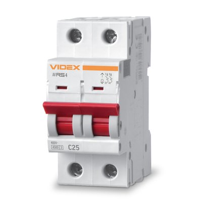 Автоматичний вимикач Videx RS4 'RESIST', White, 25A, 4500A, 400V, 2 полюси, крива відключення 'C', модульний (Din-рейка), переріз кабелю 4 мм², IP20 (VF-RS4-AV2C25) 272930 фото