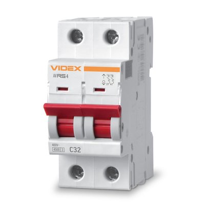 Автоматичний вимикач Videx RS4 'RESIST', White, 32A, 4500A, 400V, 2 полюси, крива відключення 'C', модульний (Din-рейка), переріз кабелю 6 мм², IP20 (VF-RS4-AV2C32) 272931 фото