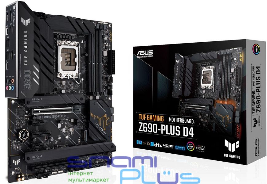 Мат.плата LGA1700, Asus TUF GAMING Z690-PLUS D4, Z690, 4xDDR4, Int.Video(CPU), 4xSATA3, 4xM.2, 1xPCI-E 16x 5.0, 1xPCI-E 16x 3.0, 1xPCI-E 4x 3.0, 2xPCI-E 1x 3.0, 2.5Gb Lan, 10xUSB3.2/2xUSB2.0, CrossFire, HDMI/DP, ATX 235226 фото