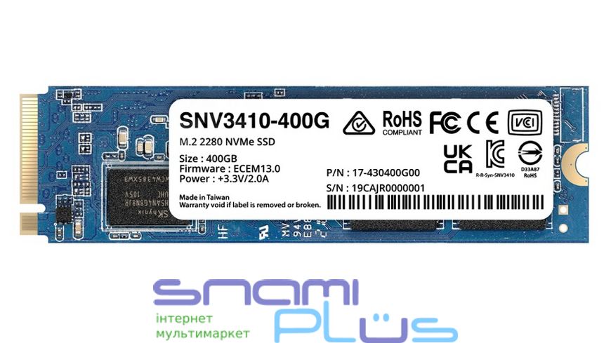 Твердотельный накопитель SSD 400Gb, Synology SNV3410, PCI-E 3.0 x4, M.2 2280, 3D TLC, 3000/750 МБ/с (SNV3410-400G) 240752 фото