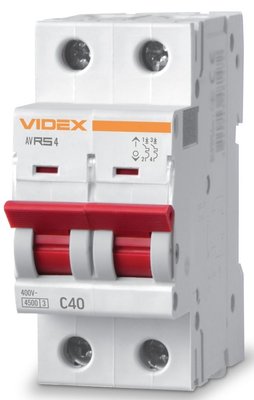 Автоматичний вимикач Videx RS4 'RESIST', White, 40A, 4500A, 400V, 2 полюси, крива відключення 'C', модульний (Din-рейка), переріз кабелю 10 мм², IP20 (VF-RS4-AV2C40) 272932 фото