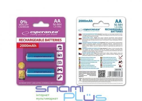 Аккумулятор AA, 2000 mAh, Esperanza, Blue, 2 шт, 1.2V, Blister (EZA103B) 212789 фото