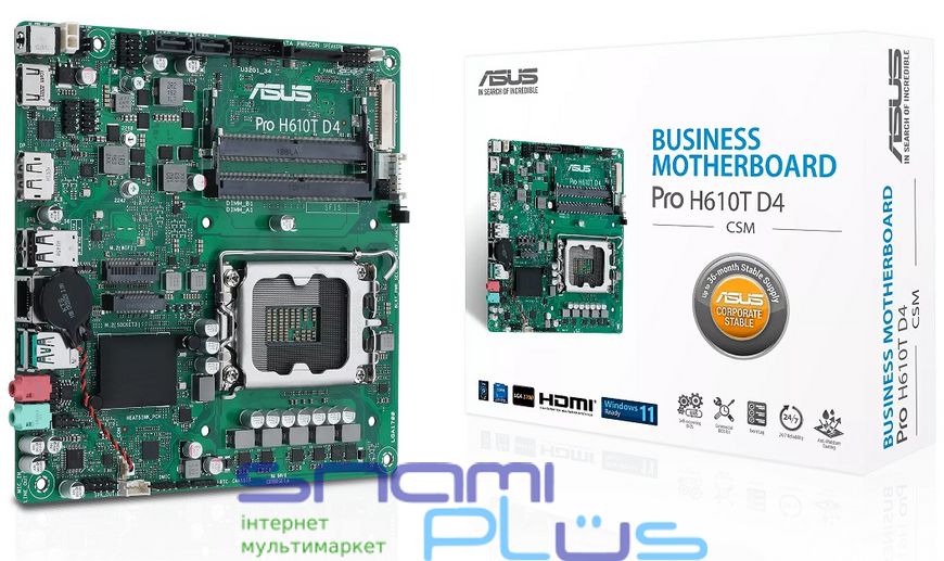 Мат.плата LGA1700, Asus Pro H610T D4-CSM, H610, 2xSO-DIMM DDR4, Int.Video(CPU), 2xSATA3, 1xM.2, ALC997, RTL8111E, 4xUSB3.2/6xUSB2.0, HDMI/DP, Mini-ITX 250331 фото