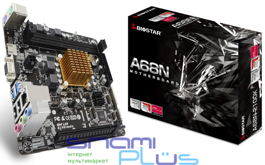 Мат.плата с процессором Biostar A68N-2100K, AMD E1-6010 (2x1.35 GHz), 2xDDR3, Radeon R2, 2xSATA3, 1xPCI-E 16x 2.0, ALC887, RTL8111H, 2xUSB3.2/6xUSB2.0, VGA/HDMI, Mini-ITX 204496 фото