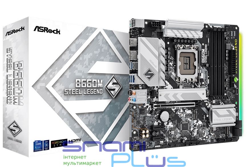 Мат.плата LGA1700, ASRock B660M Steel Legend, B660, 4xDDR4, Int.Video(CPU), 6xSATA3, 2xM.2, 1xPCI-E 16x 5.0, 2xPCI-E 1x 3.0, 1xM.2 (Key E), ALC897, RTL8125BG, 6xUSB3.2/6xUSB2.0, HDMI/DP, MicroATX 248600 фото