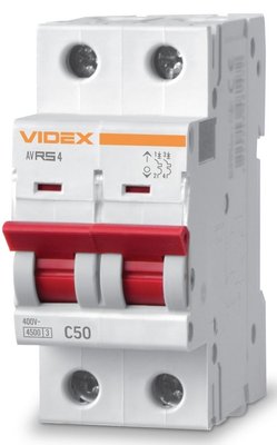 Автоматичний вимикач Videx RS4 'RESIST', White, 50A, 4500A, 400V, 2 полюси, крива відключення 'C', модульний (Din-рейка), переріз кабелю 10 мм², IP20 (VF-RS4-AV2C50) 272933 фото