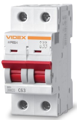 Автоматичний вимикач Videx RS4 'RESIST', White, 63A, 4500A, 400V, 2 полюси, крива відключення 'C', модульний (Din-рейка), переріз кабелю 16 мм², IP20 (VF-RS4-AV2C63) 272934 фото