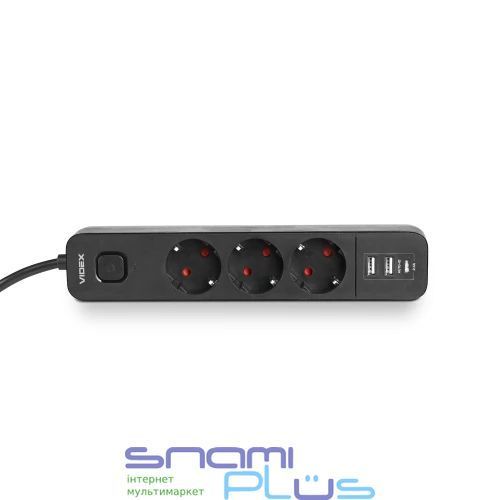 Фильтр сетевой Videx "Oncord", 3 розетки, 3 м, Black, 1xType-C / 2xUSB (VF-PD33G2U1C-B) 304910 фото