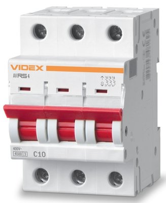 Автоматичний вимикач Videx RS4 'RESIST', White, 10A, 4500A, 400V, 3 полюси, крива відключення 'C', модульний (Din-рейка), переріз кабелю 1.5 мм², IP20 (VF-RS4-AV3C10) 272935 фото