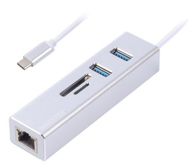 Адаптер Maxxter, Grey, USB Type-С (M) - 2*USB 3.0 (F) / RJ-45(F) Gigabit Ethernet 1000 Mbps, microSD/TF card reader, метал (NECH-2P-SD-01) 220985 фото