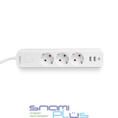 Фильтр сетевой Videx "Oncord", 3 розетки, 3 м, White, 1xType-C / 2xUSB (VF-PD33G2U1C-W) 304911 фото