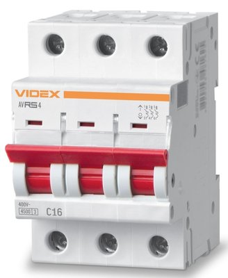Автоматичний вимикач Videx RS4 'RESIST', White, 16A, 4500A, 400V, 3 полюси, крива відключення 'C', модульний (Din-рейка), переріз кабелю 2.5 мм², IP20 (VF-RS4-AV3C16) 272936 фото