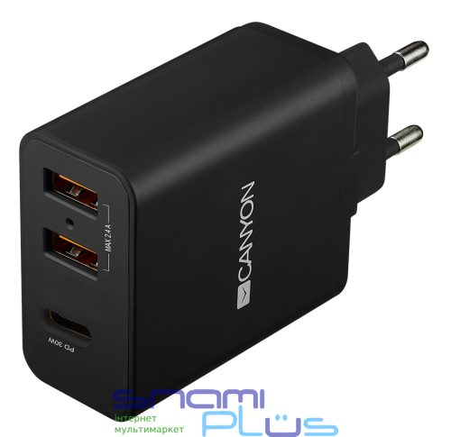 Мережевий зарядний пристрій Canyon H-08, Black, 2xUSB (2.4A/5V), 1xUSB-C (3A/5V), Smart IC, захист від перенапруження, енергозбереження 5 рівня (CNE-CHA08B) 219360 фото