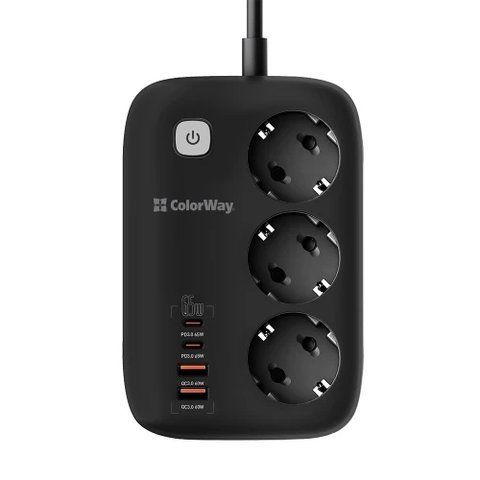 Фільтр мережевий ColorWay GaN3 Pro, 3 розетки, 2 м, Black, 2xType-C / 2xUSB (CW-CHE34PDB) 306015 фото