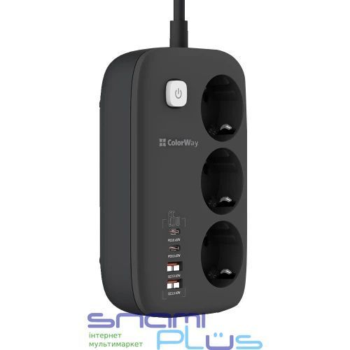 Фільтр мережевий ColorWay GaN3 Pro, 3 розетки, 2 м, Black, 2xType-C / 2xUSB (CW-CHE34PDB) 306015 фото