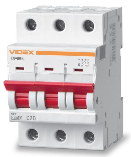 Автоматичний вимикач Videx RS4 'RESIST', White, 20A, 4500A, 400V, 3 полюси, крива відключення 'C', модульний (Din-рейка), переріз кабелю 2.5 мм², IP20 (VF-RS4-AV3C20) 272937 фото