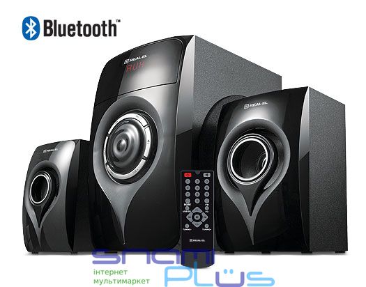 Колонки 2.1 REAL-EL M-370 Black, сателлиты 2 x 12 Вт, сабвуфер 20 Вт, МДФ, Bluetooth, FM-тюнер, USB / SD, дисплей, питание от сети 220V, управление спереди + пульт ДУ (M-370) 193015 фото