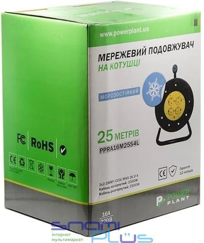 Подовжувач мережевий на котушці PowerPlant, 4 розетки, 25 м, Black (PPRA16M25S4L) 278562 фото