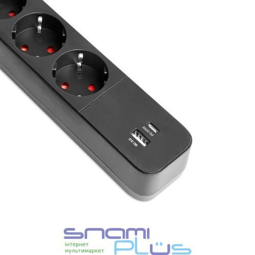 Фільтр мережевий Videx "Oncord", 4 розетки, 3 м, Black, 1xType-C / 1xUSB (VF-PD43G1QC1PD-B) 304914 фото
