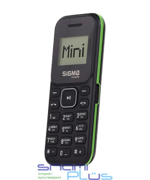 Мобильный телефон Sigma mobile X-style 14 Mini, Black/Green, 2 Mini-SIM + Nano-SIM, дисплей 1.44' цветной (128x64), моноблок, поддержка microSD (max 32Gb), FM, 600 mAh 240608 фото