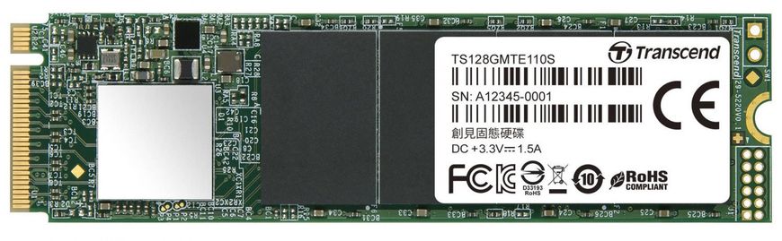 Твердотільний накопичувач M.2 128Gb, Transcend 110S, PCI-E 3.0 x4, 3D TLC, 1600/400 MB/s (TS128GMTE110S) 173016 фото