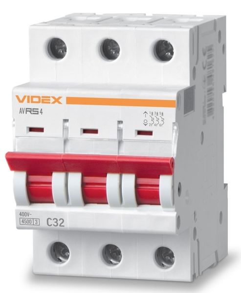 Автоматичний вимикач Videx RS4 'RESIST', White, 32A, 4500A, 400V, 3 полюси, крива відключення 'C', модульний (Din-рейка), переріз кабелю 6 мм², IP20 (VF-RS4-AV3C32) 272939 фото
