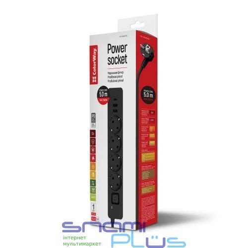 Фильтр сетевой ColorWay, 4 розетки, 5 м, Black, 1xType-C / 2xUSB (CW-CHE435PDB) 287830 фото