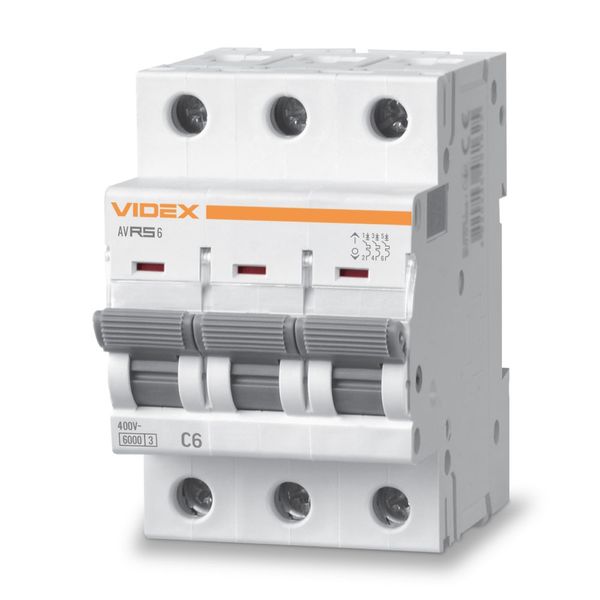 Автоматичний вимикач Videx RS6 'RESIST', White, 6A, 6000A, 400V, 3 полюси, крива відключення 'C', модульний (Din-рейка), переріз кабелю 6 мм², IP20 (VF-RS6-AV3C06) 272973 фото