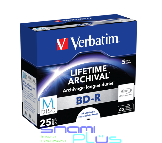 Диск BD-R MDISC Verbatim 'Lifetime Archival', 25Gb, 4x, 5 шт, Printable, Jewel Box (43823) 201386 фото