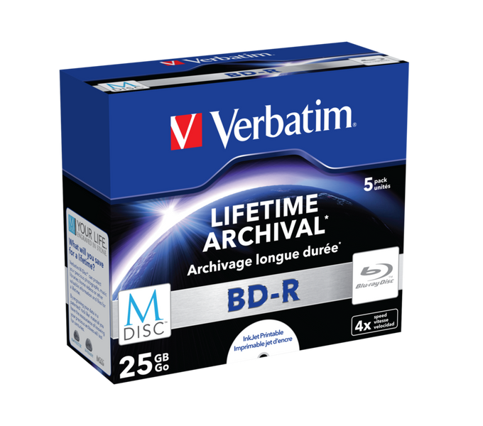 Диск BD-R MDISC Verbatim 'Lifetime Archival', 25Gb, 4x, 5 шт, Printable, Jewel Box (43823) 201386 фото