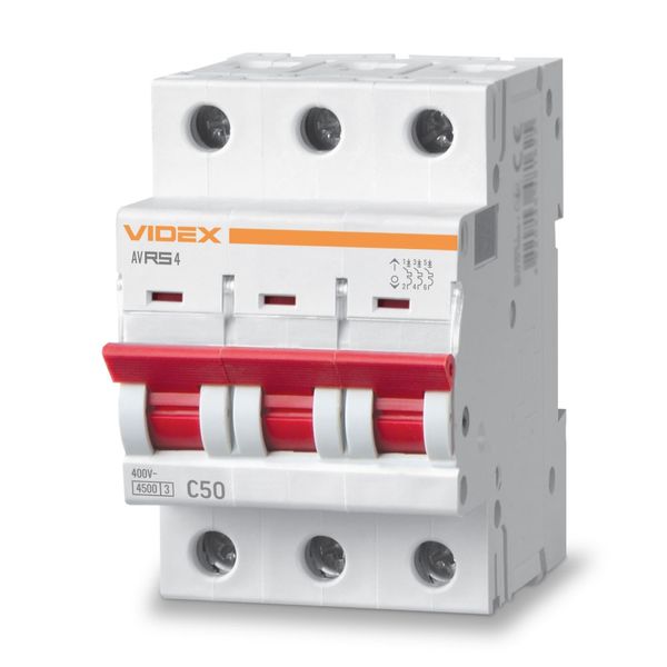 Автоматичний вимикач Videx RS4 'RESIST', White, 50A, 4500A, 400V, 3 полюси, крива відключення 'C', модульний (Din-рейка), переріз кабелю 10 мм², IP20 (VF-RS4-AV3C50) 272941 фото