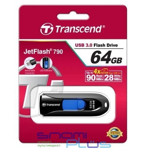 Флеш накопичувач USB 64Gb Transcend JetFlash 790, Black, USB 3.1 Gen 1 (TS64GJF790K) 180192 фото