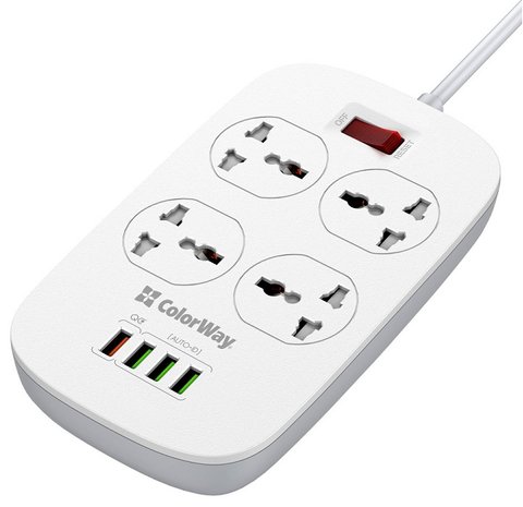 Фільтр мережевий 1.8 м ColorWay, White, 4 x євророзетки, 4 x USB до 3.1 A, Quick Charge 3.0, дріт з міді (до 2500 Вт), 10A, захисні шторки, 237 x 116 x 55 мм (CW-CHU44QW) 211904 фото