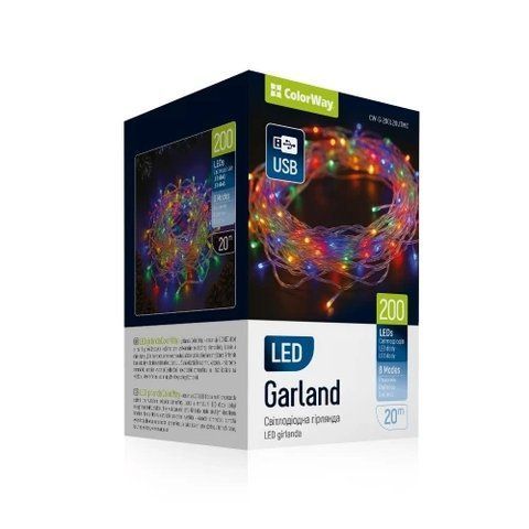 Гирлянда светодиодная ColorWay, 200 LED, разноцветная, 20 м, USB (CW-G-200L20UTMC) 319669 фото