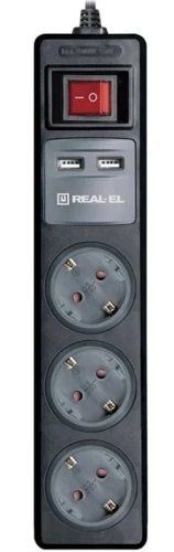 Фильтр сетевой REAL-EL RS-3 USB Charge, 3 розетки, 1.8 м, Black, 2xUSB (EL122500001) 304939 фото