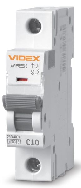 Автоматичний вимикач Videx RS6 'RESIST', White, 10A, 6000A, 230V/400V, 1 полюс, крива відключення 'C', модульний (Din-рейка), переріз кабелю 1.5 мм², IP20 (VF-RS6-AV1C10) 272944 фото