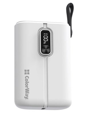 Універсальна мобільна батарея 10000 mAh, ColorWay, White, 22.5W, Quick Charge 3.0, 2xUSB (Type-C+Lightning), LED индикатор, кабель USB  Type C (CW-PB100LPK2WT-PDD) 234583 фото
