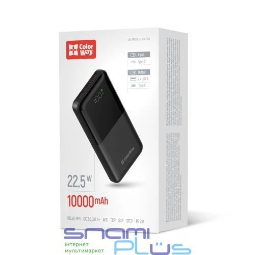 Універсальна мобільна батарея 10000 mAh, ColorWay, Black, 22.5 Вт (CW-PB100LPB3BK-PDD) 323771 фото
