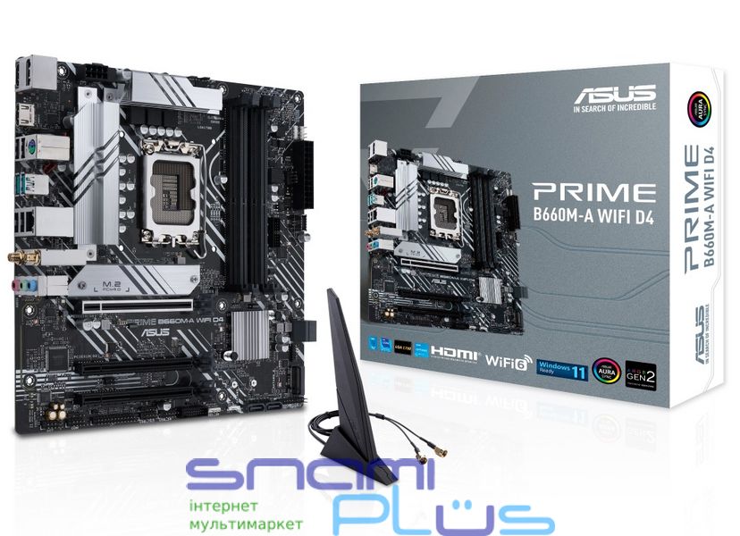 Мат.плата LGA1700, Asus PRIME B660M-A WIFI D4, B660, 4xDDR4, Int.Video(CPU), 4xSATA3, 2xM.2, 1xPCI-E 16x 4.0, 2xPCI-E 16x 3.0, ALC897, GLan, WiFi 6, Bluetooth 5.2, 5xUSB3.2/6xUSB2.0, HDMI/DP, MicroATX 239642 фото