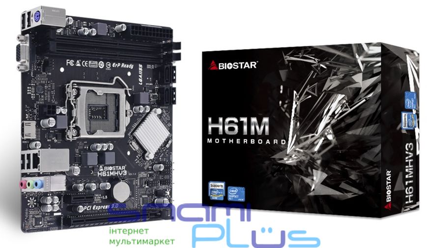 Мат.плата 1155 (H61) Biostar H61MHV3, H61, 2xDDR3, Int.Video(CPU), 4xSATA2, 1xPCI-E 16x 3.0, 1xPCI-E 1x 2.0, ALC897, RTL8111H, 8xUSB2.0, VGA/HDMI, MicroATX 231636 фото