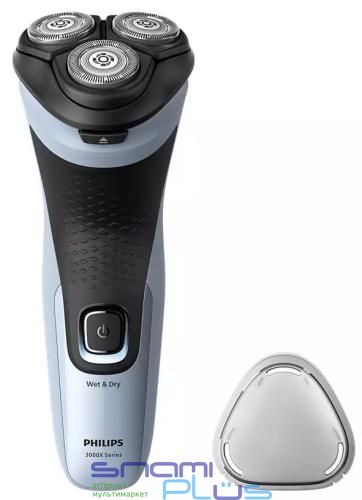 Електробритва Philips X3003/00 Shaver 3000X, Black/Blue, роторна, сухе та вологе гоління, 3 головки, чистка під струменем води, леза PowerCut, гнучкі головки 4D, акумулятор/мережа 274881 фото