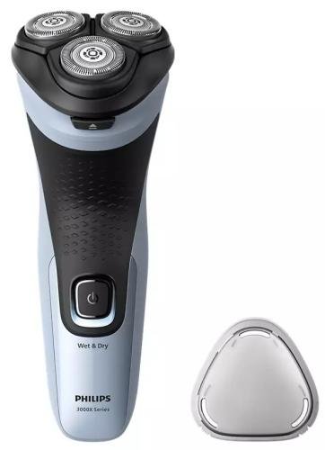 Електробритва Philips X3003/00 Shaver 3000X, Black/Blue, роторна, сухе та вологе гоління, 3 головки, чистка під струменем води, леза PowerCut, гнучкі головки 4D, акумулятор/мережа 274881 фото