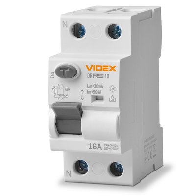 Диференційне реле Videx 'RESIST', White, 16A, 30 mA, 10 kA, 230V/400V, 50/60 Hz, 2 полюси, модульний (Din-рейка), переріз кабелю 2.5 мм², IP20 (VF-RS10-DR2А16) 277155 фото